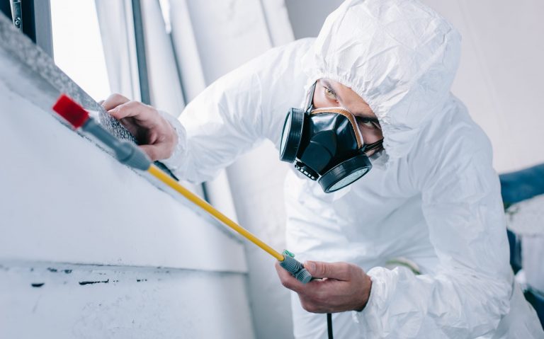 pest control worker in respirator spraying pesticides under windowsill at home